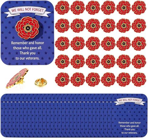 30 Sets Poppy Pins for Memorial Day Poppy Pin with Cards Bulk Veterans Day Gift Red Flower Poppies Enamel Lapel Pin for 4th of July Men Women Clothes Bags Hats in Saudi Arabia