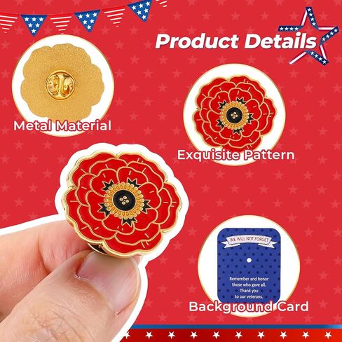 30 Sets Poppy Pins for Memorial Day Poppy Pin with Cards Bulk Veterans Day Gift Red Flower Poppies Enamel Lapel Pin for 4th of July Men Women Clothes Bags Hats in Saudi Arabia