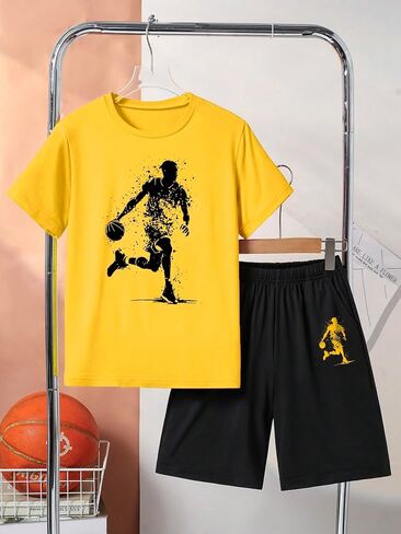 Summer sports style boys' basketball suit, yellow and black short sleeved shorts paired with sports pattern printed top in Kuwait