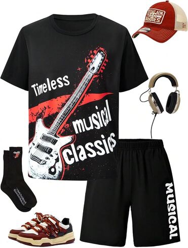 Boys' fashion summer T-shirt shorts two-piece set, colorful guitar printed top paired with letter printed shorts in Kuwait