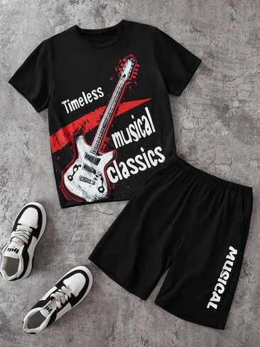 Boys' fashion summer T-shirt shorts two-piece set, colorful guitar printed top paired with letter printed shorts in Kuwait