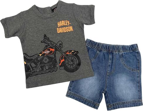 Harley-Davidson Little Boys' 2-Piece Toddler Knit Tee & Denim Shorts Set, Gray in Kuwait