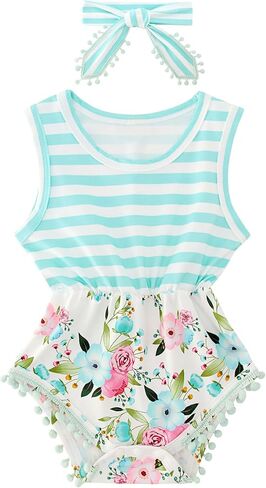 UNICOMIDEA Baby Girl Romper with Headband 3D Print Sleeveless Outfit 0-24M | Newborn Girl Clothes 0-24M,3D Print,Pom-Pom Trim, Easy Diaper Snap,Infant Baby Gift,Machine Washable in Saudi Arabia