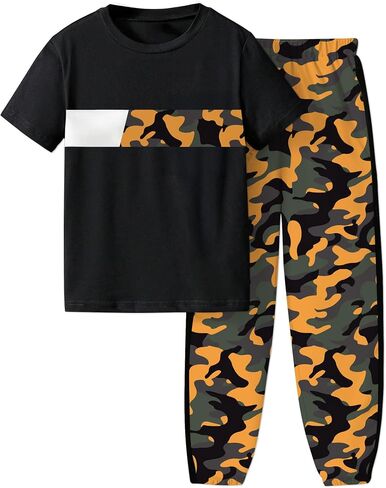 Boys Clothes Short Sleeve T-shirt and Camouflage Pants 2PCS Casual Summer Clothes for Kids 6-16 Years in Kuwait