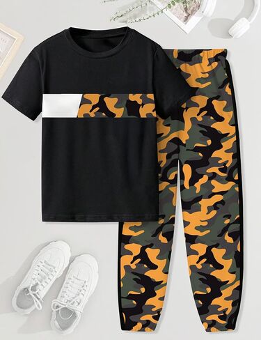 Boys Clothes Short Sleeve T-shirt and Camouflage Pants 2PCS Casual Summer Clothes for Kids 6-16 Years in Kuwait
