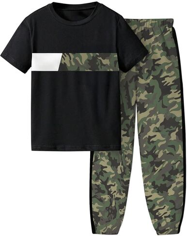 Boys Clothes Short Sleeve T-shirt and Camouflage Pants 2PCS Casual Summer Clothes for Kids 6-16 Years in Kuwait