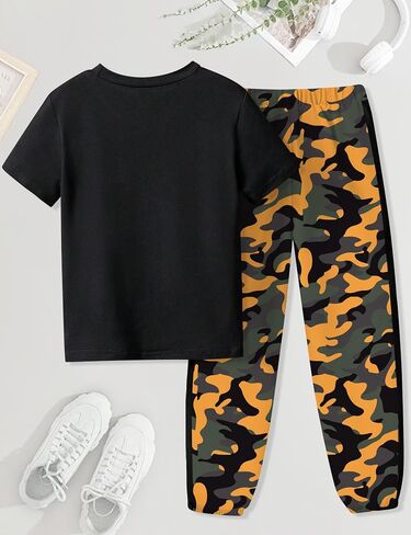 Boys Clothes Short Sleeve T-shirt and Camouflage Pants 2PCS Casual Summer Clothes for Kids 6-16 Years in Kuwait