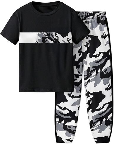 Boys Clothes Short Sleeve T-shirt and Camouflage Pants 2PCS Casual Summer Clothes for Kids 6-16 Years in Kuwait