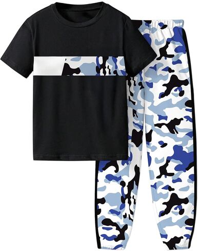 Boys Clothes Short Sleeve T-shirt and Camouflage Pants 2PCS Casual Summer Clothes for Kids 6-16 Years in Kuwait