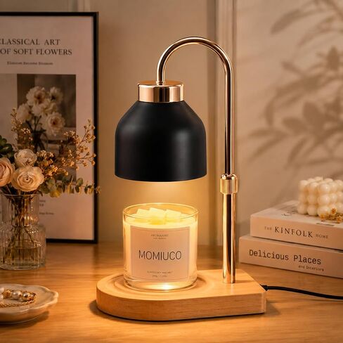 Candle Warmer Lamp with Timer and Dimmer, Height Adjustable Wax Melt Warmer for Jar Candles, Modern Retro Black Glass Shade with Wood Base, Aesthetic Home Decor, Birthday Gifts for Women Mom in Kuwait
