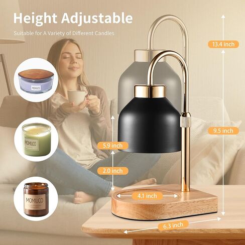Candle Warmer Lamp with Timer and Dimmer, Height Adjustable Wax Melt Warmer for Jar Candles, Modern Retro Black Glass Shade with Wood Base, Aesthetic Home Decor, Birthday Gifts for Women Mom in Kuwait