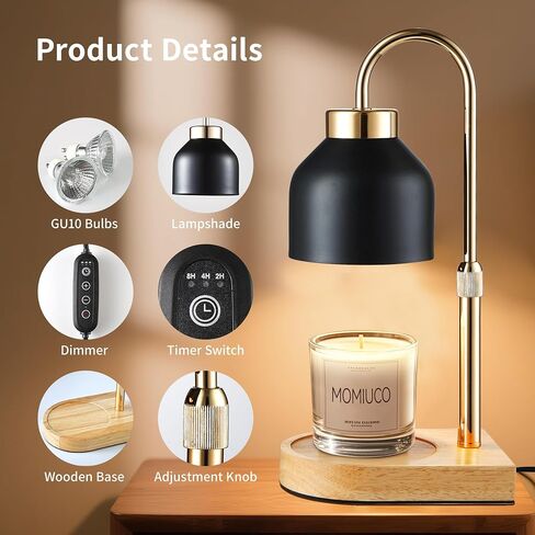 Candle Warmer Lamp with Timer and Dimmer, Height Adjustable Wax Melt Warmer for Jar Candles, Modern Retro Black Glass Shade with Wood Base, Aesthetic Home Decor, Birthday Gifts for Women Mom in Kuwait