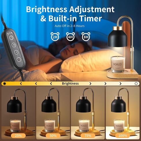 Candle Warmer Lamp with Timer and Dimmer, Height Adjustable Wax Melt Warmer for Jar Candles, Modern Retro Black Glass Shade with Wood Base, Aesthetic Home Decor, Birthday Gifts for Women Mom in Kuwait