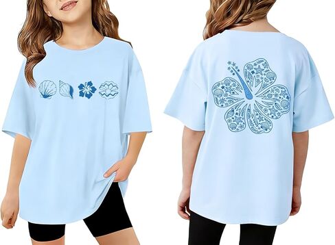 Tewmeu Hawaiian Shirts for Girls Oversize Beach Outfits Hibiscus Flower Shirt Teens Summer Vacation Clothes 7-14 Year in Saudi Arabia