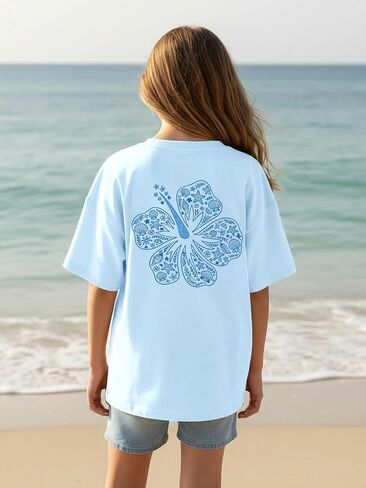 Tewmeu Hawaiian Shirts for Girls Oversize Beach Outfits Hibiscus Flower Shirt Teens Summer Vacation Clothes 7-14 Year in Saudi Arabia