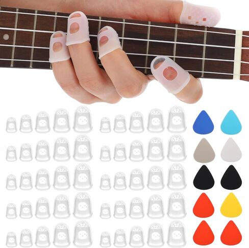 50 Pcs Guitar Fingertip Protectors, 5 Sizes Silicone Finger Tips Protectors with 10 Picks for Acoustic Electric Guitar Ukulele Banjo Mandolin, Reusable Practice Kit in Kuwait