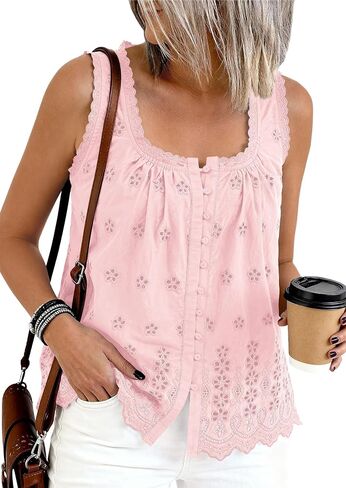 PRETTYGARDEN Womens Tank Tops 2026 Summer Button Down Shirts Embroidered Eyelet Dressy Casual Blouses Beach Vacation Clothes in Kuwait