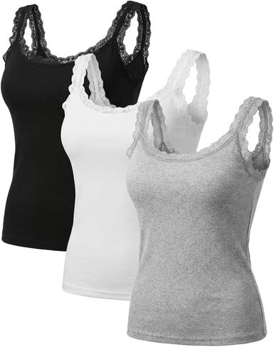 2/3-Pack Women's Lace Trim Camisole Tops - Soft Stretch Cotton Blend Undershirts, Breathable Layering Tanks in Kuwait