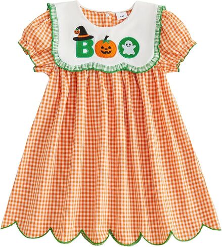 Toddler Baby Girl Halloween Dress Pumpkin Ghost Embroid for Trick or Treat | 12-18m to 4-5y girls Halloween bubble sleeve smocked dress with cape collar for Halloween parties, pumpkin patch, photos. in Saudi Arabia