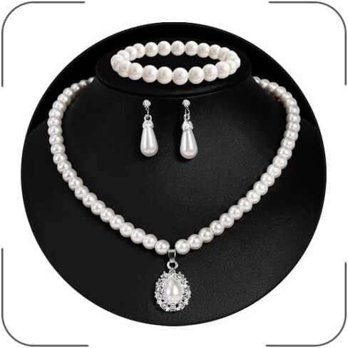 CSIYANJRY99 Pearl Necklace and Earring Set Faux Pearl Prom Jewelry Sets for Women Imitation Beaded Pearl Necklace Bracelet Stud Earrings for Women in Kuwait