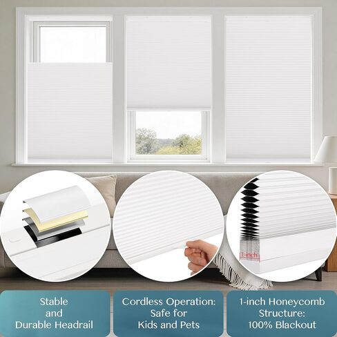 HESTIA No Drill Waterproof 99% Blackout Cellular Shades Top Down Bottom Up(TDBU) Easy Install Thermal Insulated Noise Reduction Cordless Honeycomb Blinds for Bedroom Bathroom Home, White, 31.5W X 54H in Saudi Arabia