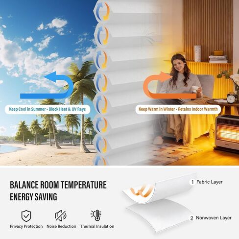 AOSKY 100% Blackout No Drill Cellular Shades Blinds for Indoor Windows, No Tools Thermal Insulated Black Out Cordless Honeycomb Blinds for Bedroom Living Room Window, 34" W x 48" H, White in Kuwait