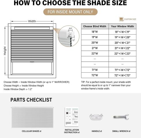 AOSKY 100% Blackout No Drill Cellular Shades Blinds for Indoor Windows, No Tools Thermal Insulated Black Out Cordless Honeycomb Blinds for Bedroom Living Room Window, 34" W x 48" H, White in Kuwait