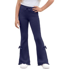 Xaatren Girls Flare Leggings Ribbed Knit Ruffle Trim Kids Pants Elastic Waist Solid Bell Bottoms with Cute Bow Teen Trendy in Kuwait