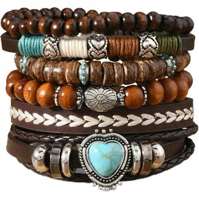 6PCS Boho Western Bracelets for Women Men,Vintage Stackable Turquoise Bracelet, Country Cowboy Cowgirl Jewelry, Multi-Layer Wooden Beaded and Braided Leather Bracelet Set in Saudi Arabia