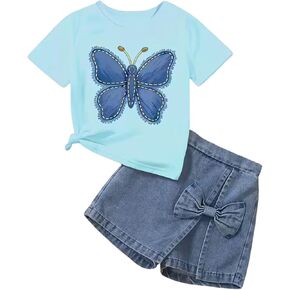 Ayzozuy Toddler Girl Outfits 3D Pearl Butterfly Print Short Sleeve T-Shirt + Bow Denim Girls Skort Set For Kis Size 4-8 in Saudi Arabia