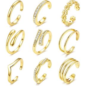 9PCS Toe Rings for Women 14K Gold Plated Adjustable Simple CZ Triple Open Band Ring Non Tarnish Toe Rings Set Summer Beach Foot Jewelry for Women in Kuwait