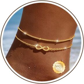 Sterling Silver Ankle Bracelets for Women Gold Waterproof Non Tarnish Beaded Chain Layered Stacking Dainty Butterfly Plus Size Large Anklet Summer Beach Vacation Jewelry Gift in Kuwait