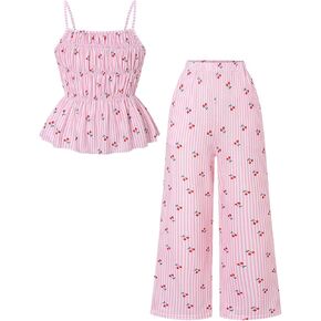 Tween Girls 2 Piece Outfit Set Summer Cherry Print Cami Top & Wide Leg Pants with Pockets Size 8-13 in Kuwait