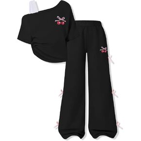 Cakaner Teen Girls Clothes Short Sleeve Graphic Tops & Wide Leg Bow Tie Pants 2 Piece Outfit Set Size 7-16 in Saudi Arabia