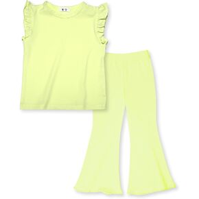 HahaNice Toddler Girls 2 Piece Outfit Sets Ruffle Cap Sleeve Shirt and Flare Pants Clothing Set in Saudi Arabia