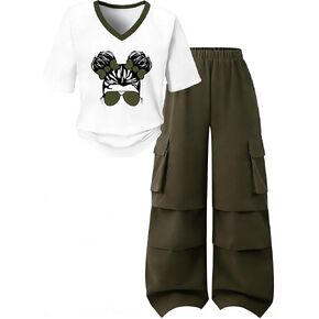 Girl's 2 Piece Outfits Short Sleeve Graphic Tee Wide Leg Cargo Pants Set, 6-14 Years in Kuwait