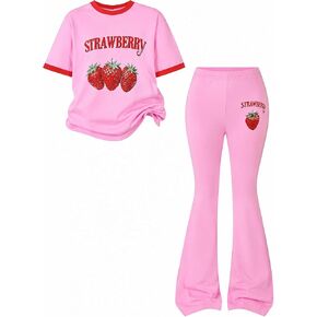 Tween Girls Clothes Short Strawberry Graphic T-Shirt Top+Flare Pants 2pcs Outfit Set, Size 7-14 Years in Kuwait