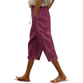 Women Summer Capri Pants Trendy Side Button Capris Drawstring Elastic Waist Cotton Linen Cropped Pant with Pockets in Saudi Arabia