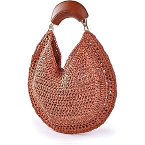 Women's Straw Hobo Bag Woven Crescent Shoulder Bag Summer Beach Tote Bag with Leather Handle for Vacation Travel | PU leather handle in Kuwait