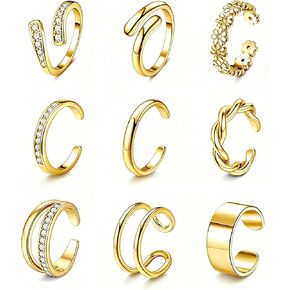 LOFITOR 9PCS Toe Rings for Women Non Tarnish Adjustable 14K Gold Filled Toe Ring CZ Set Simple Hug Chunky Open Band Rings Waterproof Silver Toe Rings Hawaiian Beach Summer Foot Jewelry in Saudi Arabia