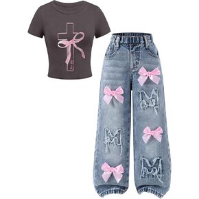 Cakaner Toddler Girls Clothes 2 Piece Cute Shirt and Wide Leg Jeans Kids Clothing Set Size 4-8 in Saudi Arabia