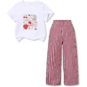 Azmxynol Girls Clothes Toddler Little Girl 2 Piece Summer Fall Outfit Cherry T Shirt + Plaid Pants Set, Size 4-8 Years in Saudi Arabia