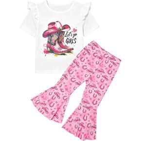 Toddler Girl Western Bell Bottom Outfits - Cowgirl Boots Short Sleeve Shirt Boho Flared Pants 2pcs Summer Clothes in Saudi Arabia