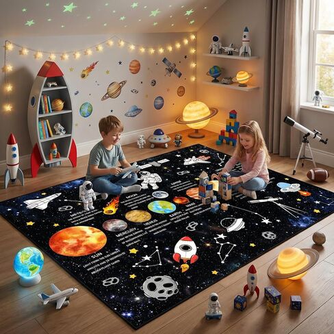 5x7 Ft Space Kids Rug for Boys Room, Playroom, Classroom, Nursery, Daycare, Educational Non-Slip Play Mat Carpet for Children Toddler Leaning Solar System, Washable & Soft Galaxy Star Rug-Faux Wool in Saudi Arabia