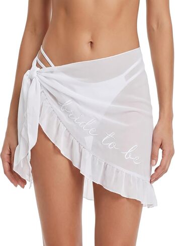 Bride to Be Beach Cover Up, White Chiffon Bridal Sarong with Ruffle Trim & Embroidered Lettering, Bride Beach Outfit for Bachelorette Party, Honeymoon, Beach Photos & Poolside Celebrations in Saudi Arabia