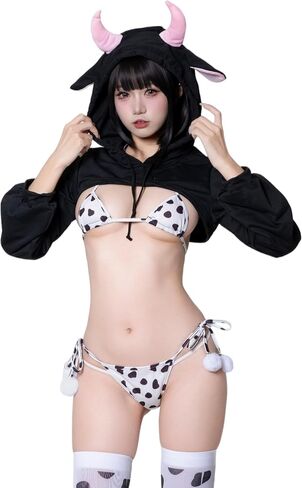 Cow Print Bikini Cosplay Outfit Sexy Maid Hooded Top Bikini Stockings One-Size Fits Most Please Refer to Size Chart in Kuwait