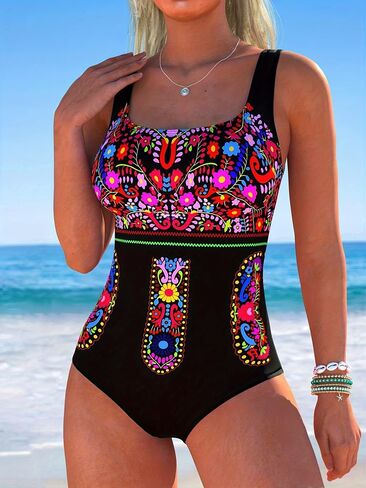 Women's Sexy Mexican Floral Print One-Piece Swimsuit, Colorful Ethnic High Cut Bathing Suit, Scoop Neck Swimwear in Kuwait