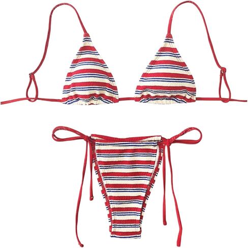 Women’s Striped Low Waist Tie Side Bikini Set Two Piece Swimsuit with Drawstring Bottoms Summer Beachwear in Kuwait
