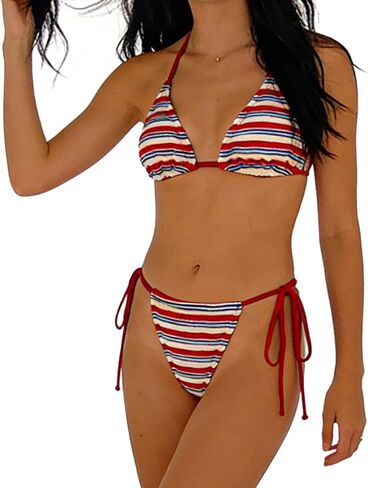 Women’s Striped Low Waist Tie Side Bikini Set Two Piece Swimsuit with Drawstring Bottoms Summer Beachwear in Kuwait