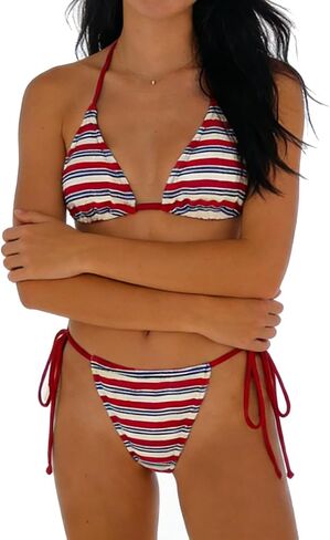 Women’s Striped Low Waist Tie Side Bikini Set Two Piece Swimsuit with Drawstring Bottoms Summer Beachwear in Kuwait